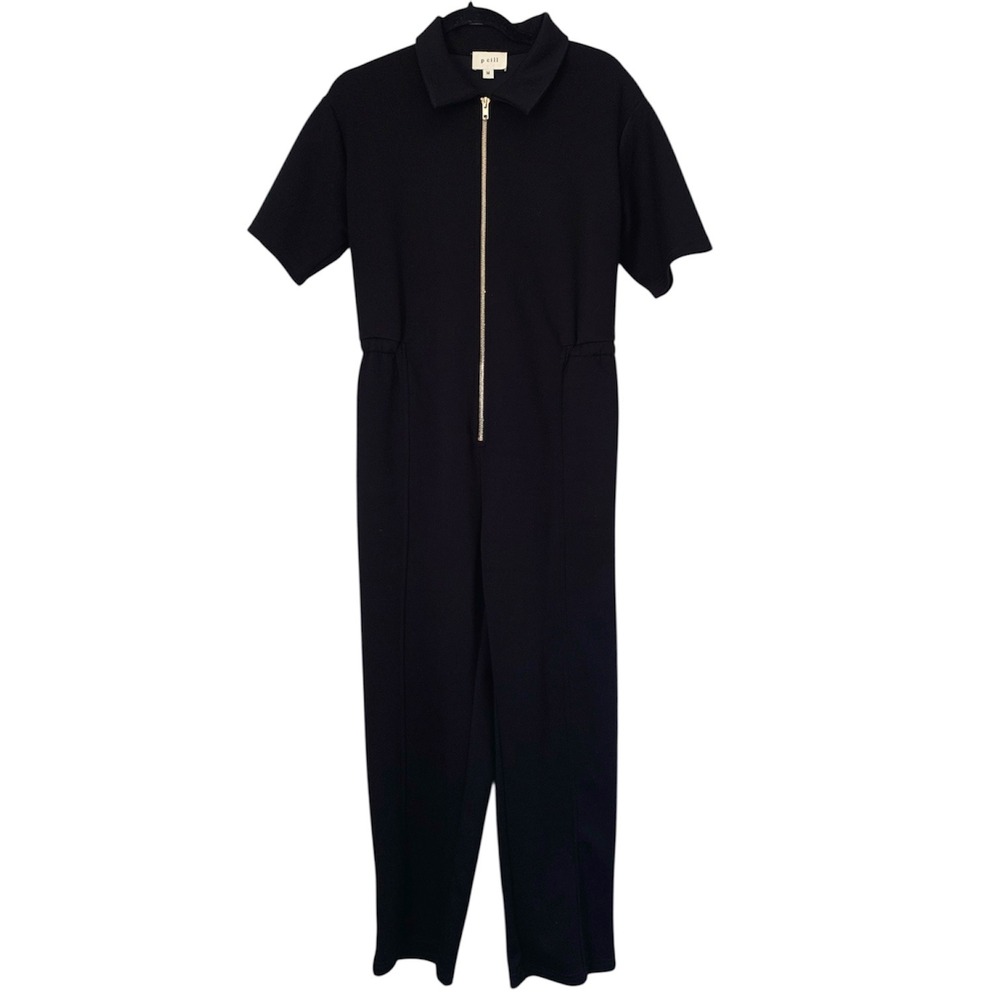P Cill Jumpsuit Women M Black Cropped Zip Stretch Utility Minimalist Modern Luxe